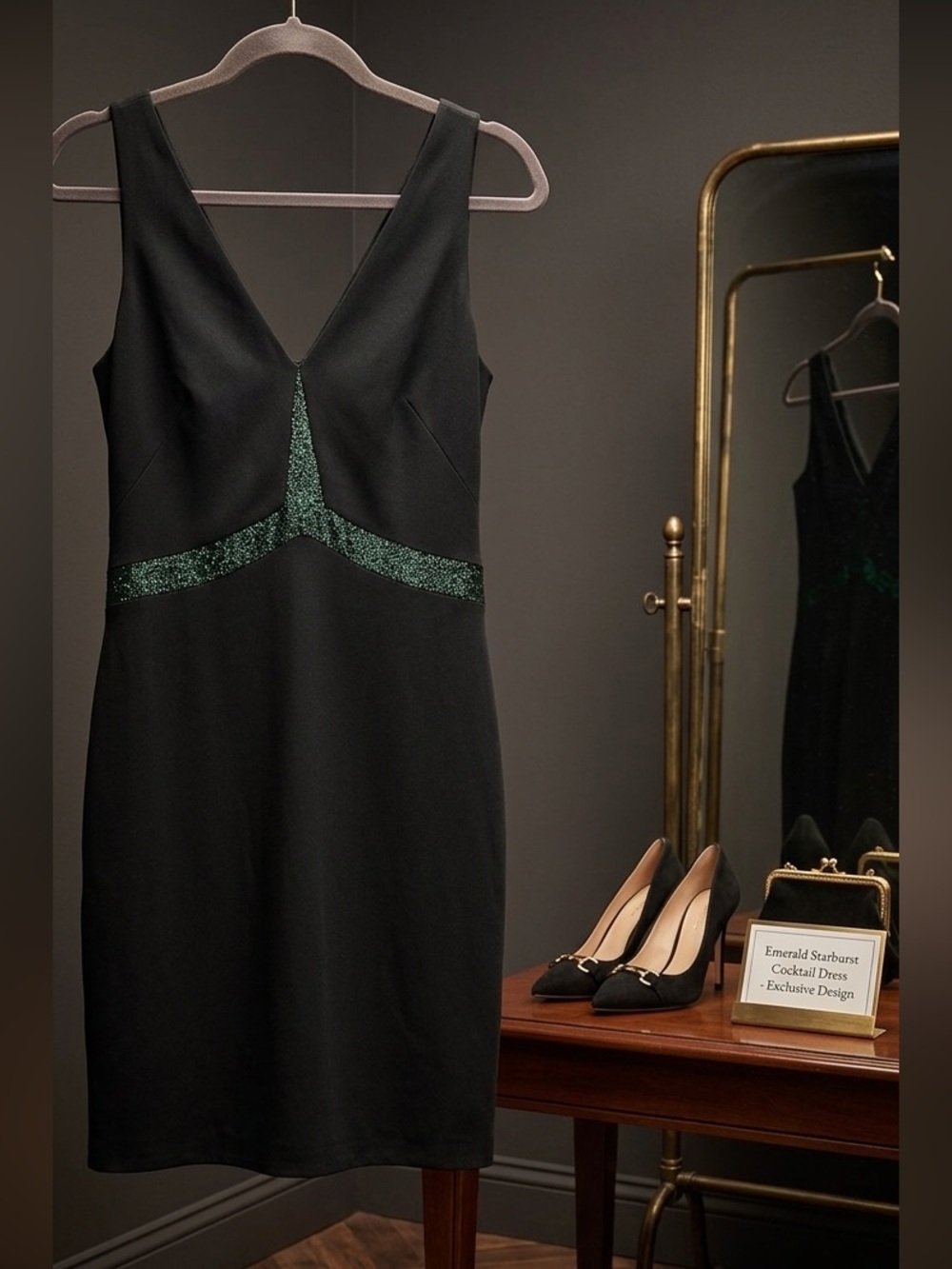David Meister Black Dress with Emerald-Green Glitter Band